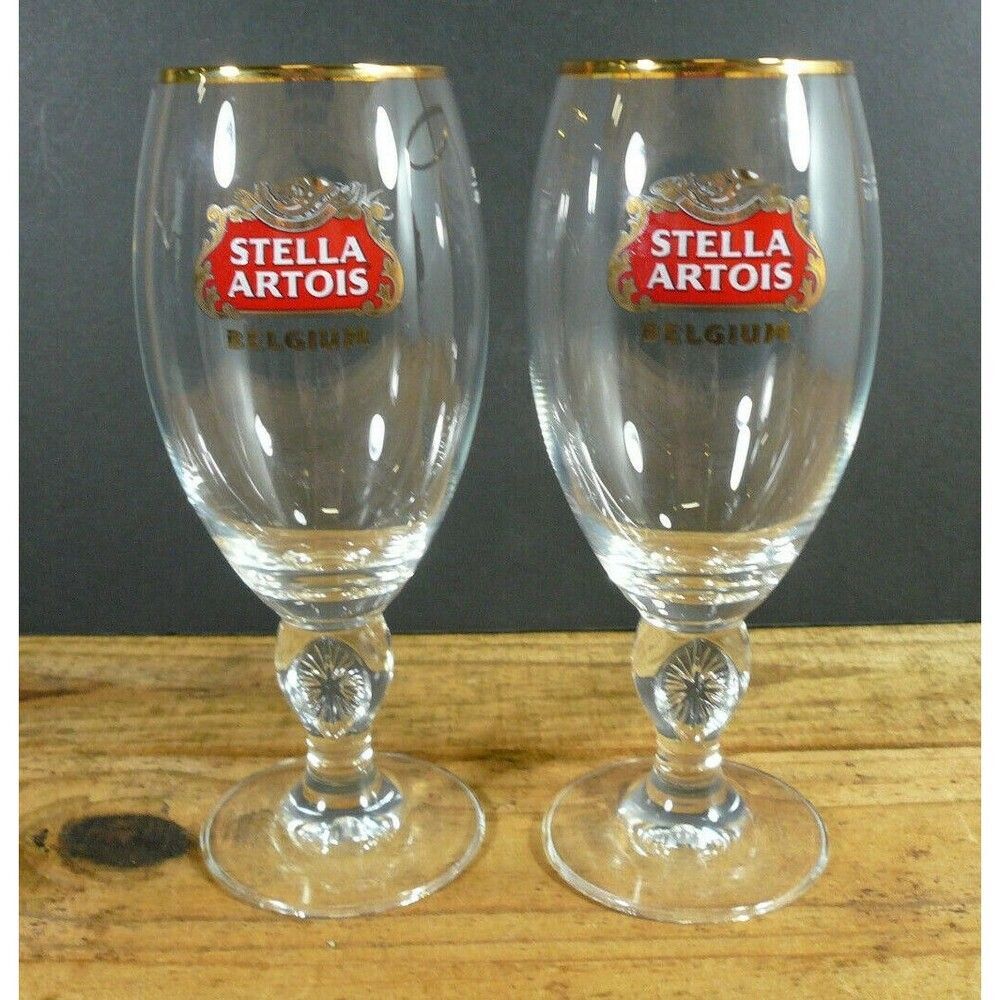 2 Stella Artois Chalice Beer Glass Gold Rim 40cl NEW Belgium 16 oz.